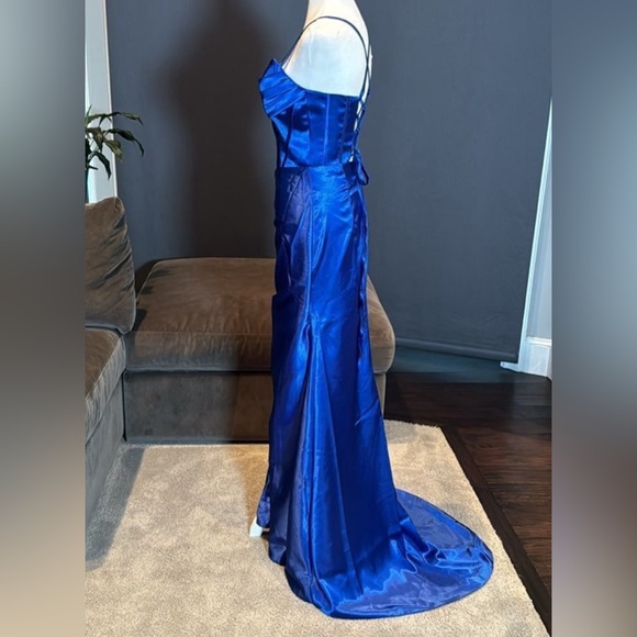 💎Women’s Blue Full Length Prom Dress CrissCross Corset Straps Leg Slit NEW✨ - Picture 2 of 9